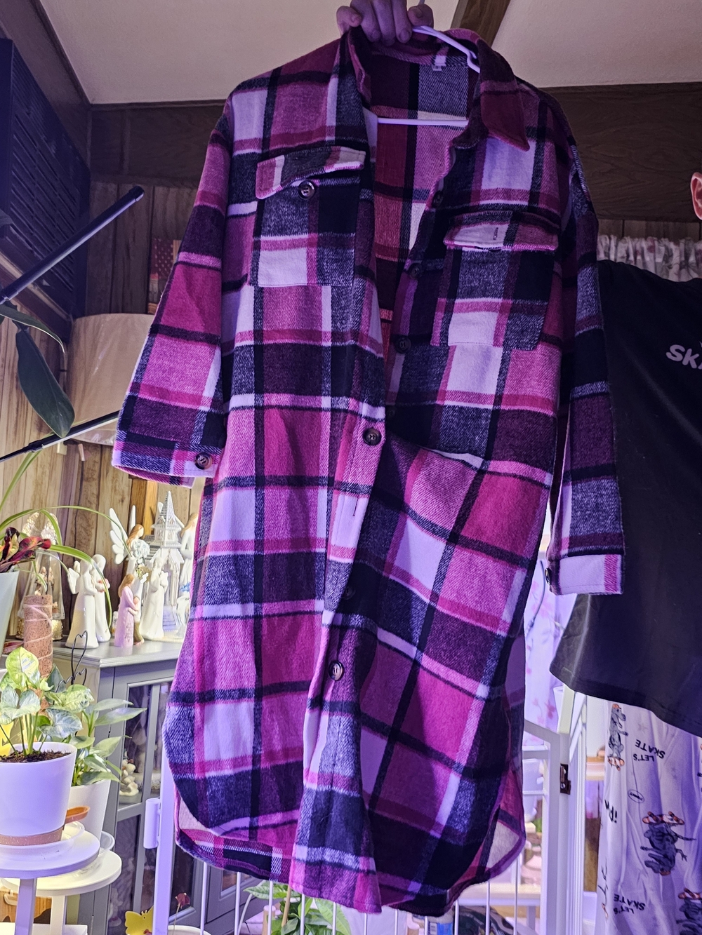 Hot Pink Plaid Longline Shirt Jacket "shacket," Retail $45